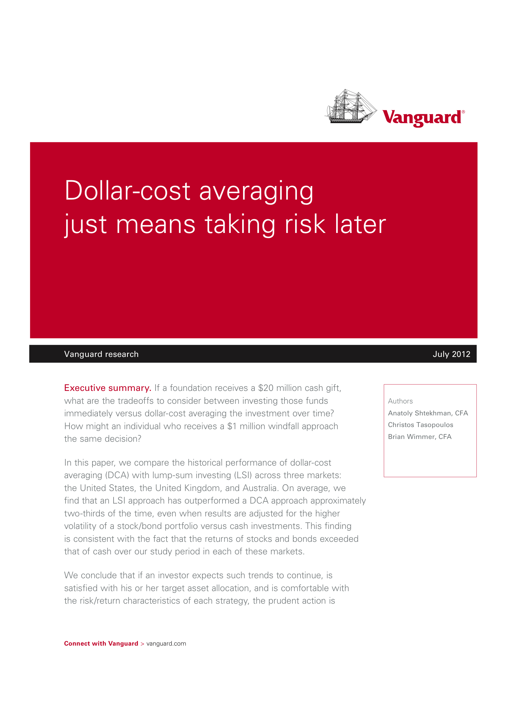 Vanguard Research: Dollar Cost Averaging Just Means Taking Risk Later
